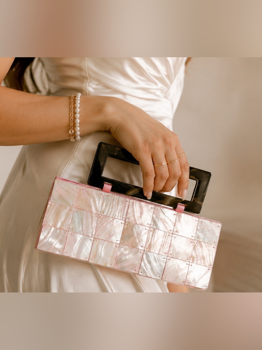 Pink Iridescent Shell Tile Mini Bag with Rectangular Handle - Picture 3 of 11